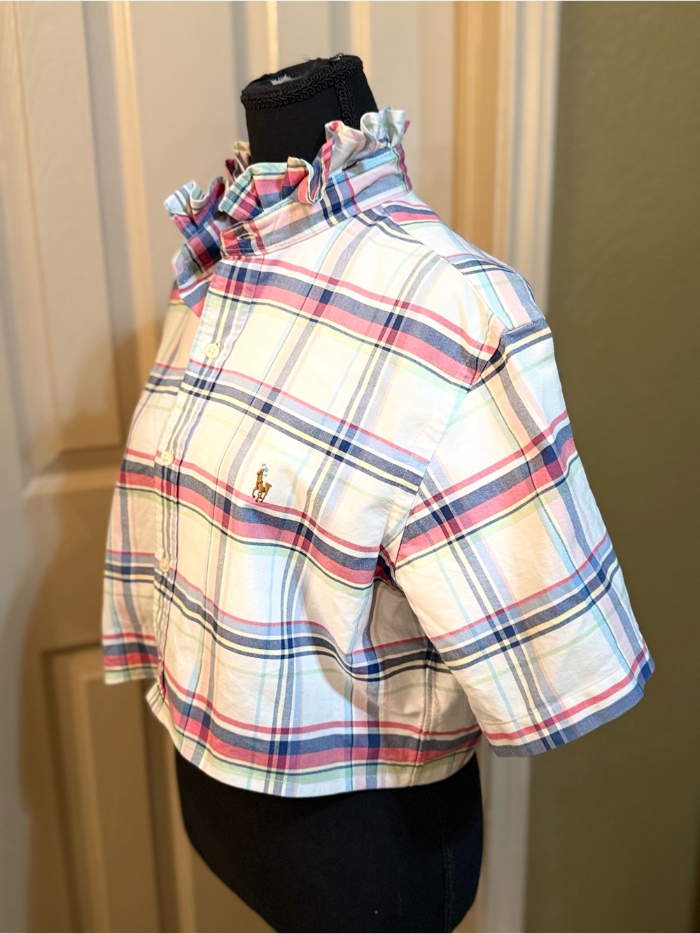 Upcycled Polo by Ralph Lauren Pastel Pink & Blue Plaid Button-Down Crop Shirt - Picture 2 of 9